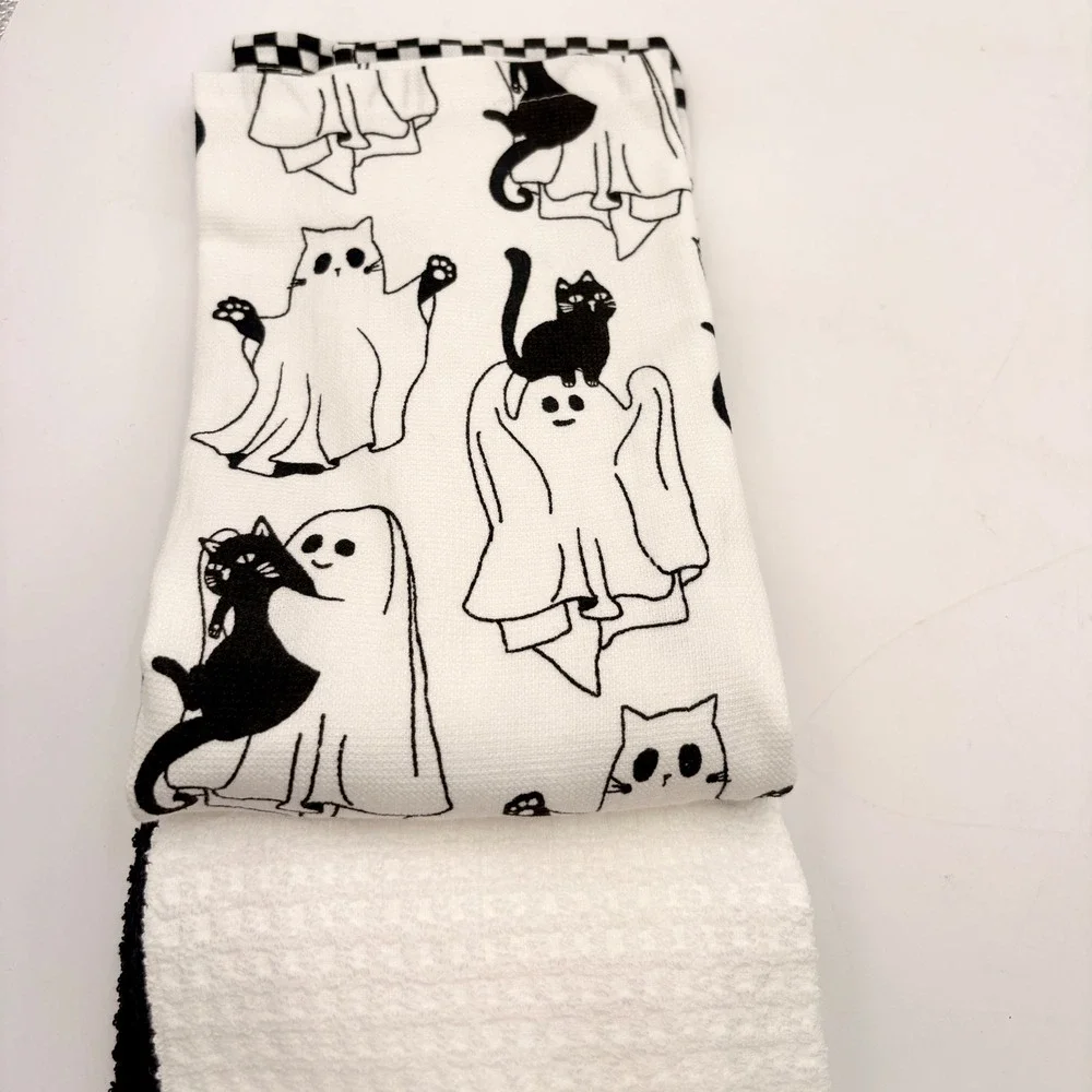 La Cuisine by Kassatex Halloween Ghost Black Cat Kitchen Towels Set of 4 Cotton‎